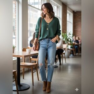 Vince Camuto V Neck Long Sleeve Sweater Green XL Cozy Knit